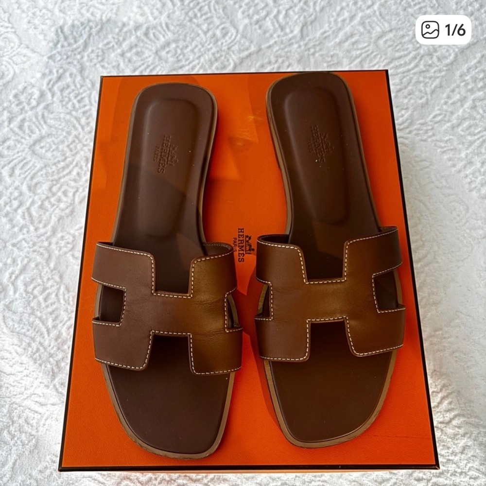 Hermes Brown Leather Oran Slide Sandals